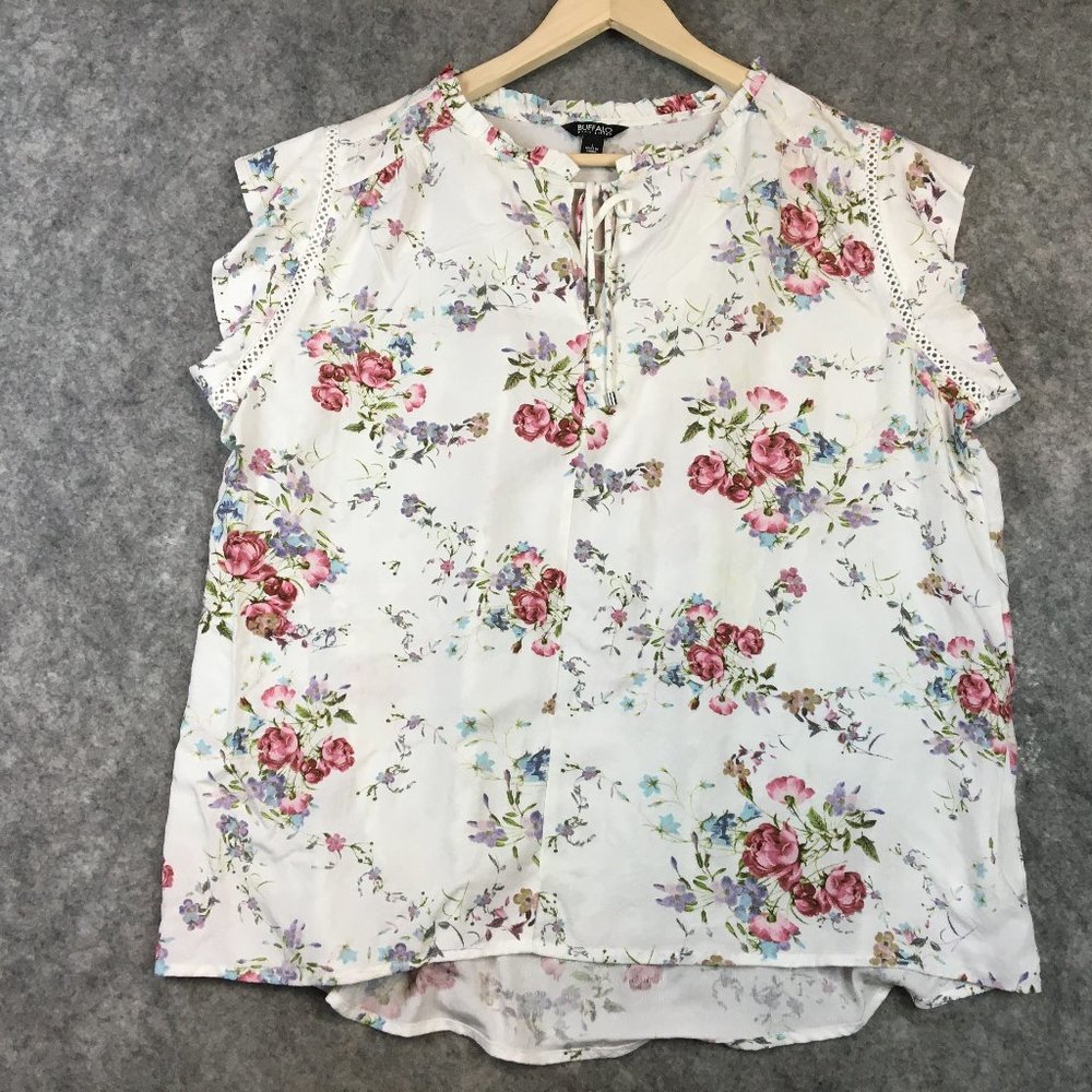 Buffalo David Bitton Top L Blouse Floral Swiss Dot Textured Ruffled Cap Sleeve